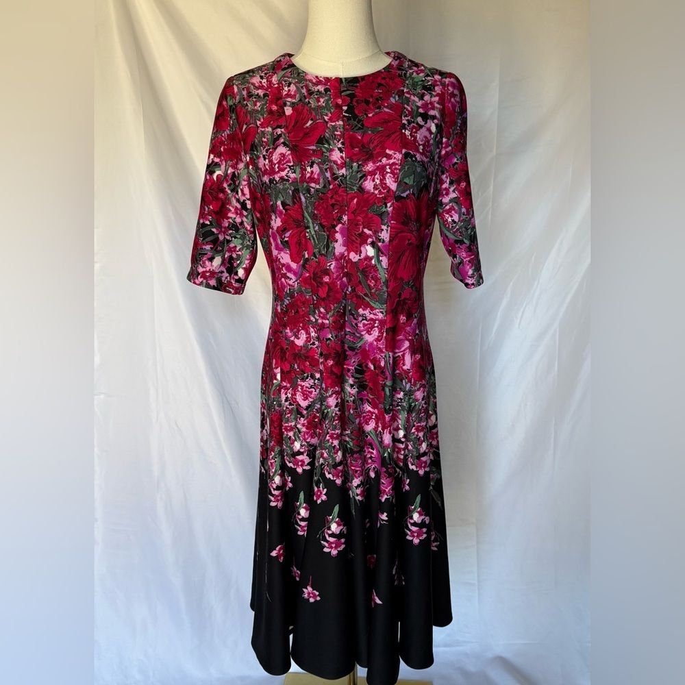 Maison Tara Cocktail Fit and Flare Floral Midi Dress Pink/Red/Black Size 8